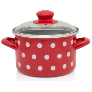 Metalac smaltovaný Hrniec s pokrievkou 18 cm - 3,1L, ČERVENÉ BODKY - čierne vnútro